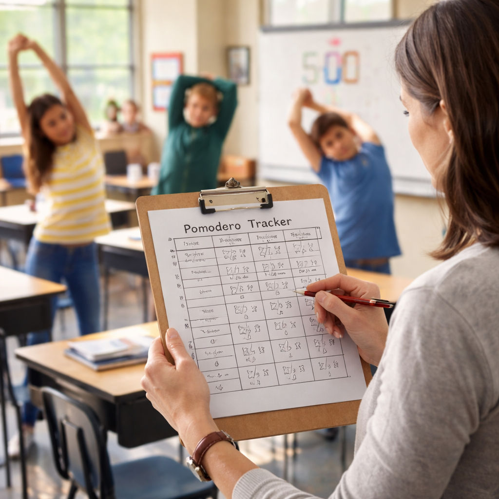 A photorealistic classroom scene showing a teacher reviewing a simple hand‑written Pomodoro tracking table on a clipboard while students stretch during a break. Alt: Teacher tracking Pomodoro progress and adjusting timing in a real classroom.