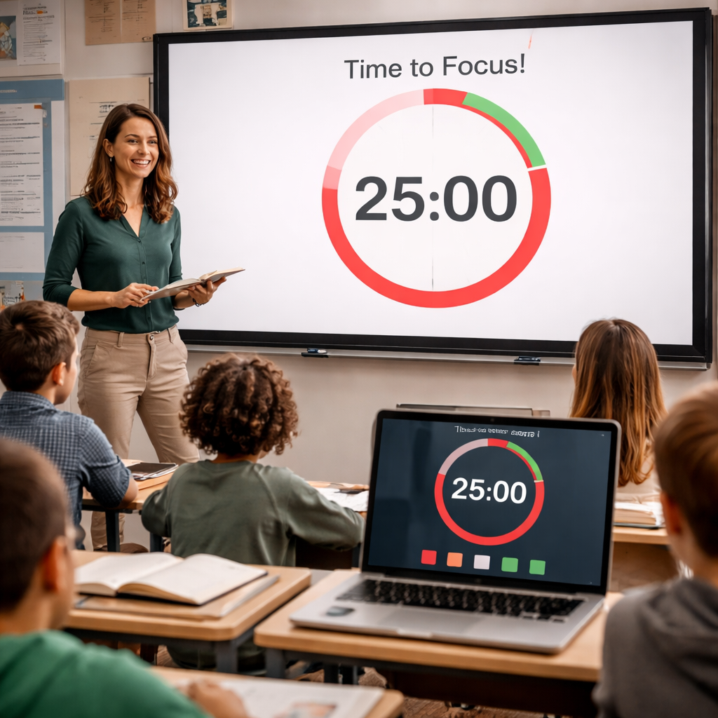 A photorealistic classroom scene showing a teacher and students using a visible pomodoro timer on the board, a 25-minute countdown, and Focus Keeper on a laptop screen. Alt: Pomodoro timer classroom learning scene
