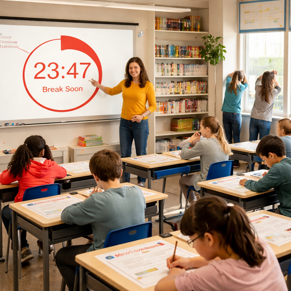 A photorealistic classroom scene showing a teacher projecting a Pomodoro timer on the board while students work on a micro‑goal worksheet, with a short stretch break happening in the background. Alt: Integrating Pomodoro timer into lesson plans in a classroom.