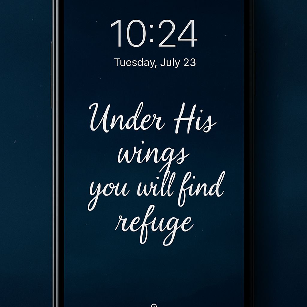 A soothing night‑time phone lock screen featuring the verse “Under His wings you will find refuge” in soft white script over a dark blue gradient background, evoking calm and protection. Alt: Psalm 91 prayer for protection at night visual blessing on phone lock screen.