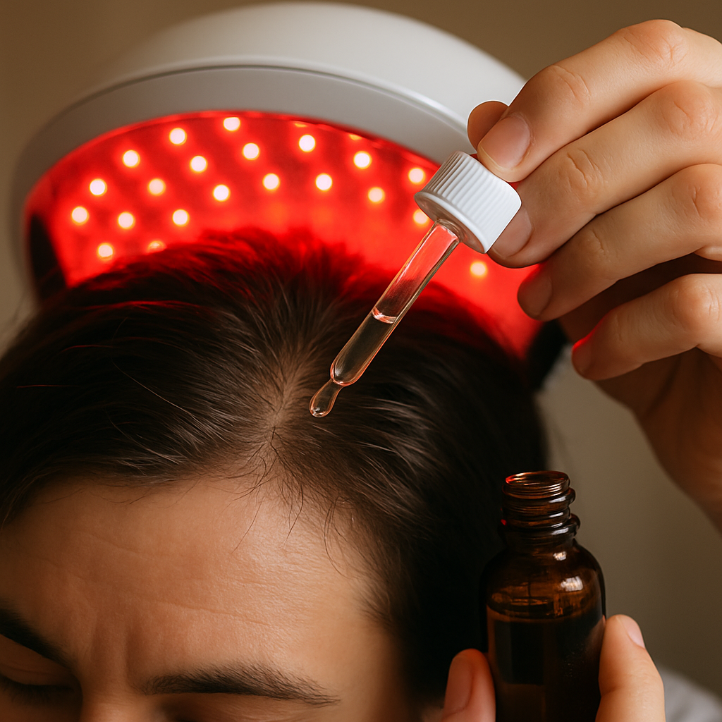 A close‑up of a person applying a hair‑serum to their scalp while a red‑light helmet glows softly in the background. Alt: Red light therapy for hair growth at home combined with serum application.