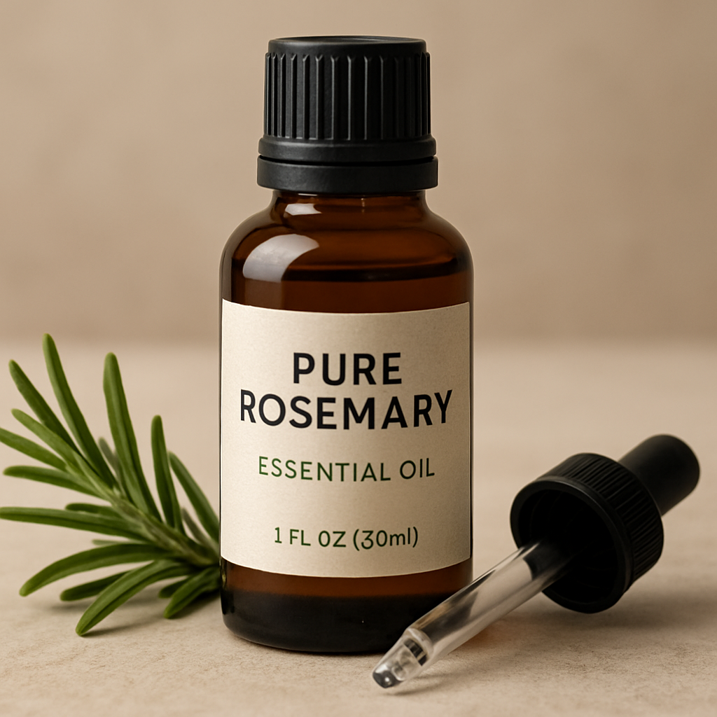 A close‑up of a dark amber glass bottle of pure rosemary essential oil beside a small dropper and a sprig of fresh rosemary. Alt: High‑quality rosemary oil for hair growth, pure essential oil bottle.