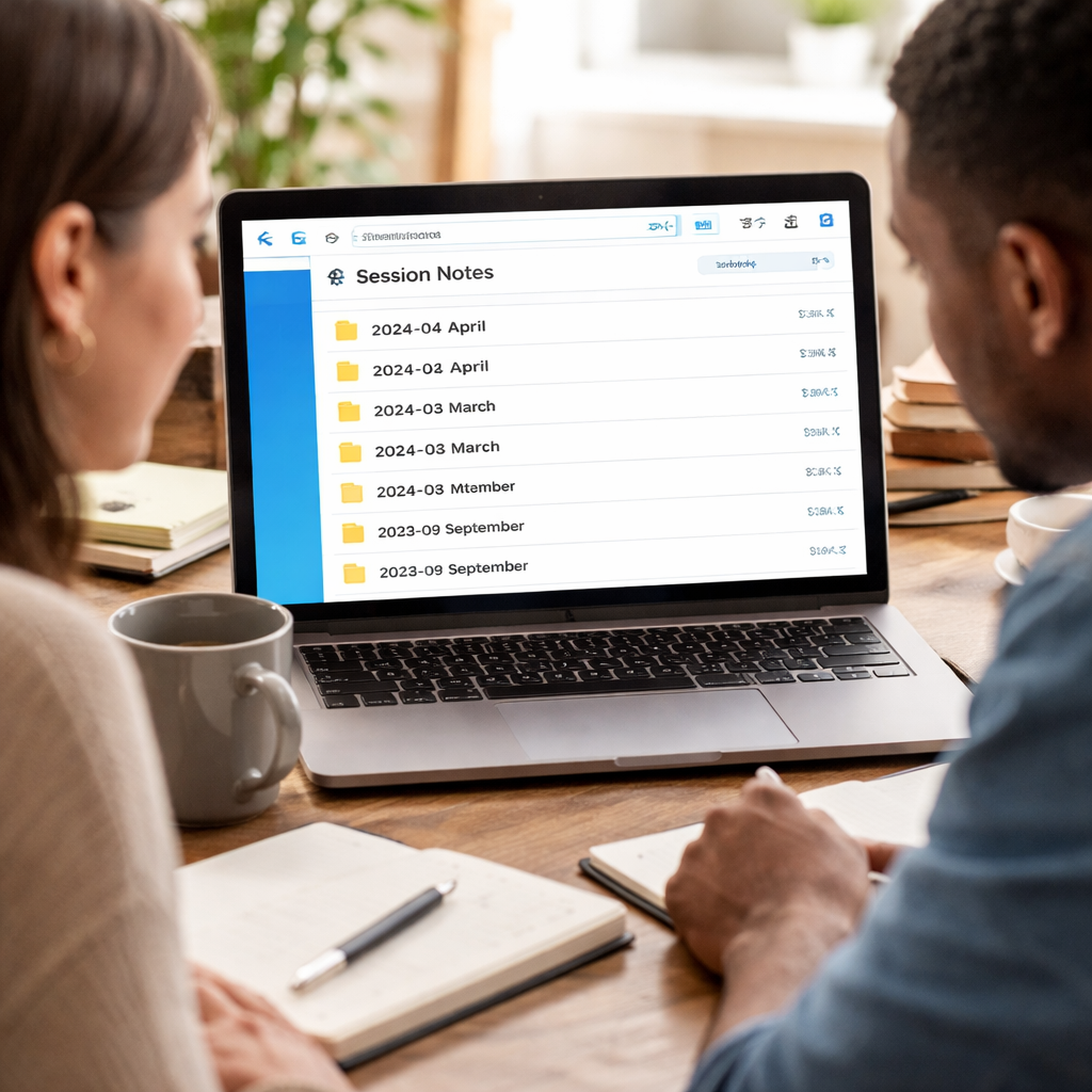 A photorealistic scene of a laptop open to a cloud storage folder view, with session notes organized in dated subfolders, a coffee mug beside it, and a focused student, remote worker, and freelancer each glancing at the screen. Alt: Securely organized session notes in cloud storage for productivity.