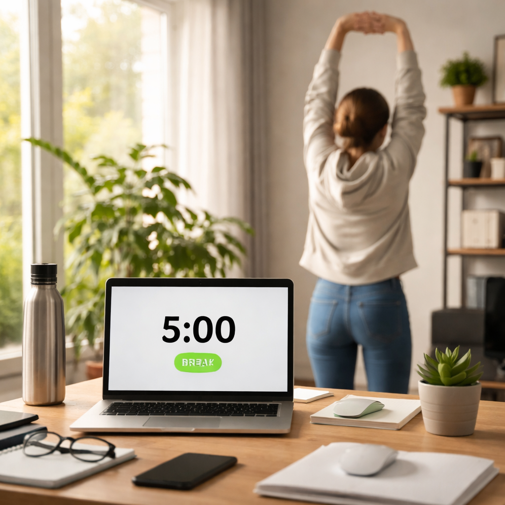 A photorealistic scene of a modern home office desk with a laptop displaying a Pomodoro timer, a water bottle, and a person standing up to stretch during a 5‑minute break. Alt: Person using short breaks to boost momentum in a realistic office setting.