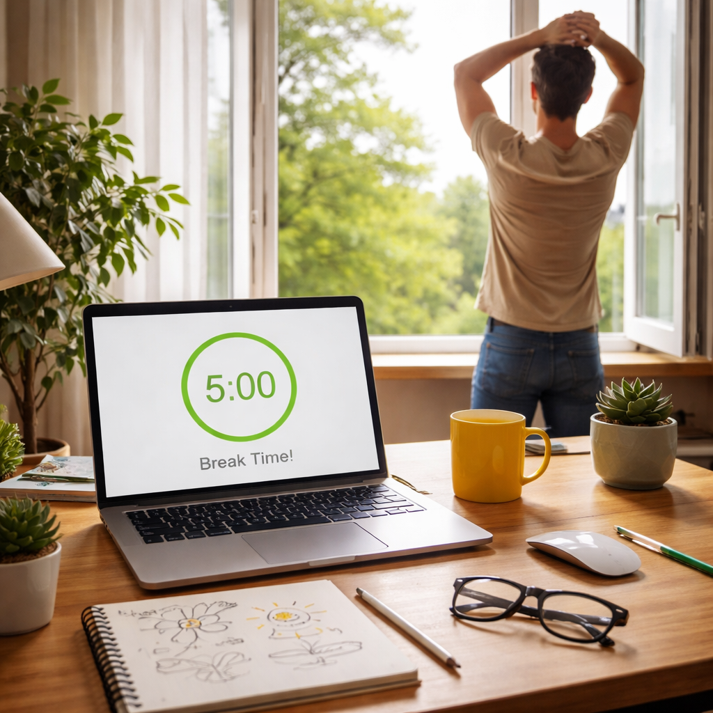 A photorealistic scene of a modern home office desk with a laptop, a timer app displaying a 5‑minute break countdown, a person standing up to stretch, a nearby window showing a distant tree, and a small sketchpad with a quick doodle. Alt: Person using short breaks to boost momentum with physical, sensory, and cognitive activities.