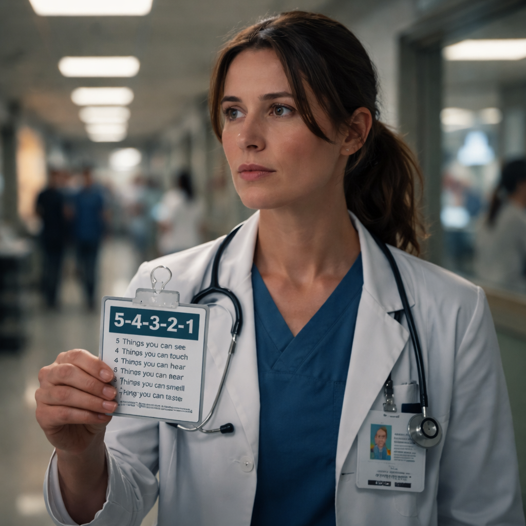 A cinematic, photorealistic scene of a busy hospital corridor at night, a clinician holding a badge with a tiny “5‑4‑3‑2‑1” card, soft ambient lighting highlighting the clinician’s focused expression as they scan the hallway for visual anchors. Alt: Clinician adapting grounding technique on the go.
