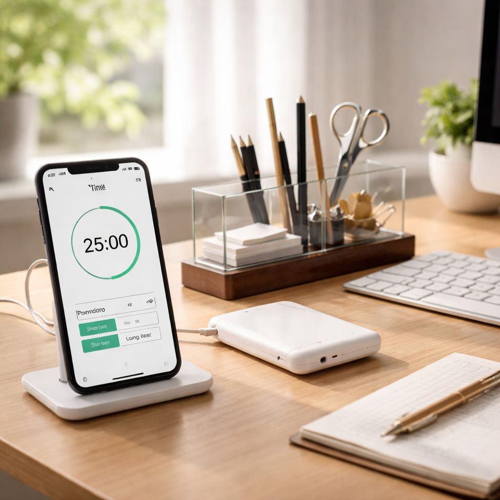 A photorealistic scene of a modern home office desk with a smartphone showing a timer app, a sleek glass desk organizer, and a portable charger plugged in, natural daylight streaming in, emphasizing focus and productivity. Alt: Timer method choice for focused work.