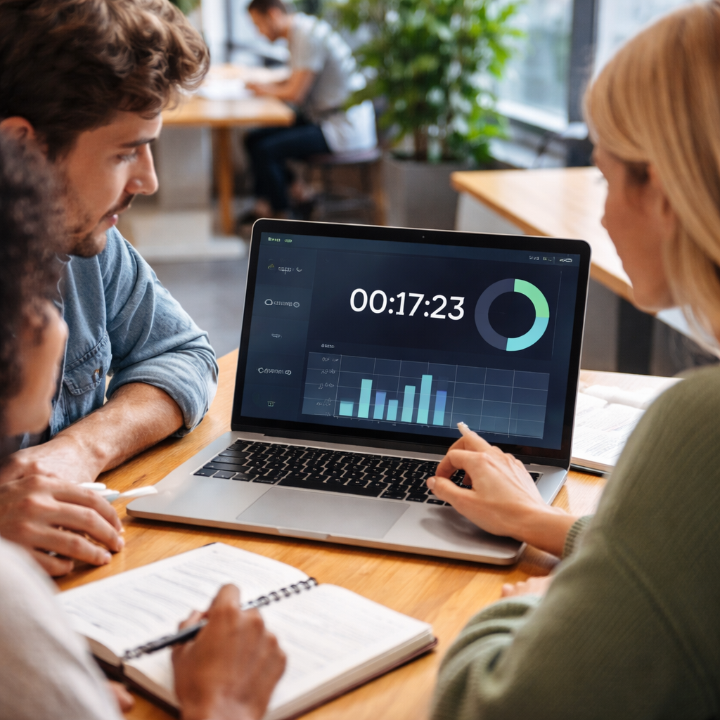 A photorealistic scene of a student, a remote worker, and a freelancer checking a timer app on a laptop while reviewing a progress chart. Alt: Monitoring timer progress and adjusting settings for focused work.