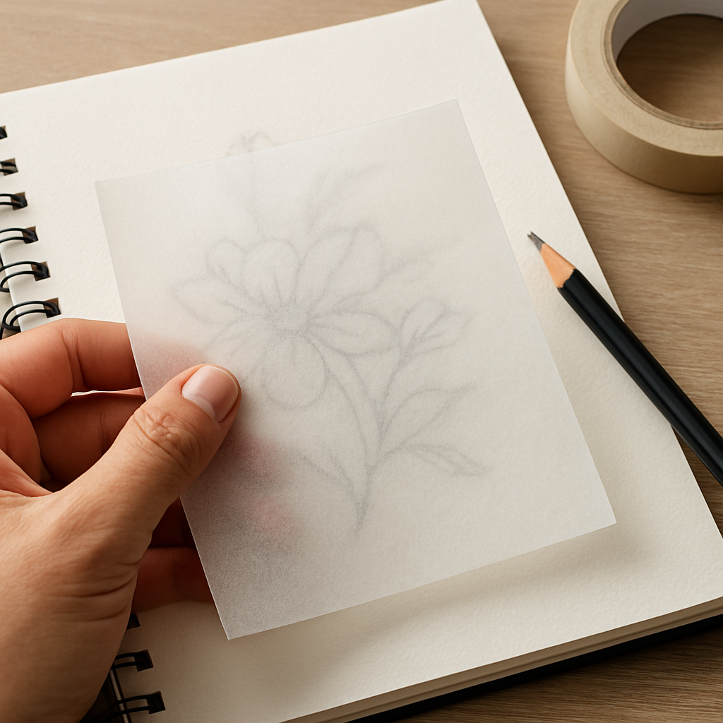 A close‑up of a hand holding a sheet of transfer paper over a sketchbook page, with a pencil and tape visible. Alt: Transfer paper technique for drawing, showing tools and materials.