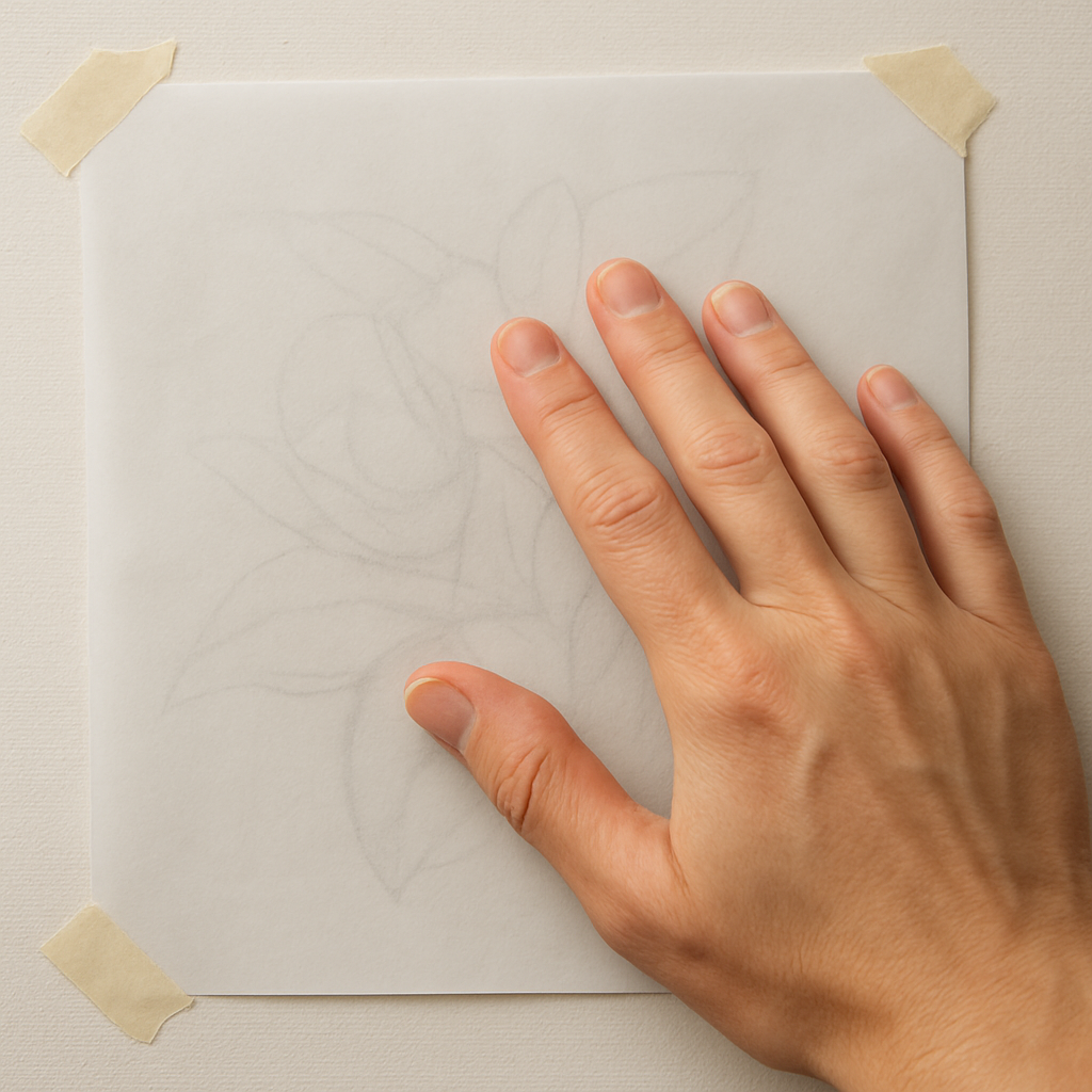 A close‑up of a hand pressing a transfer paper onto a sketchboard, showing taped corners and a smooth, bubble‑free surface. Alt: Applying transfer paper to drawing surface step by step.