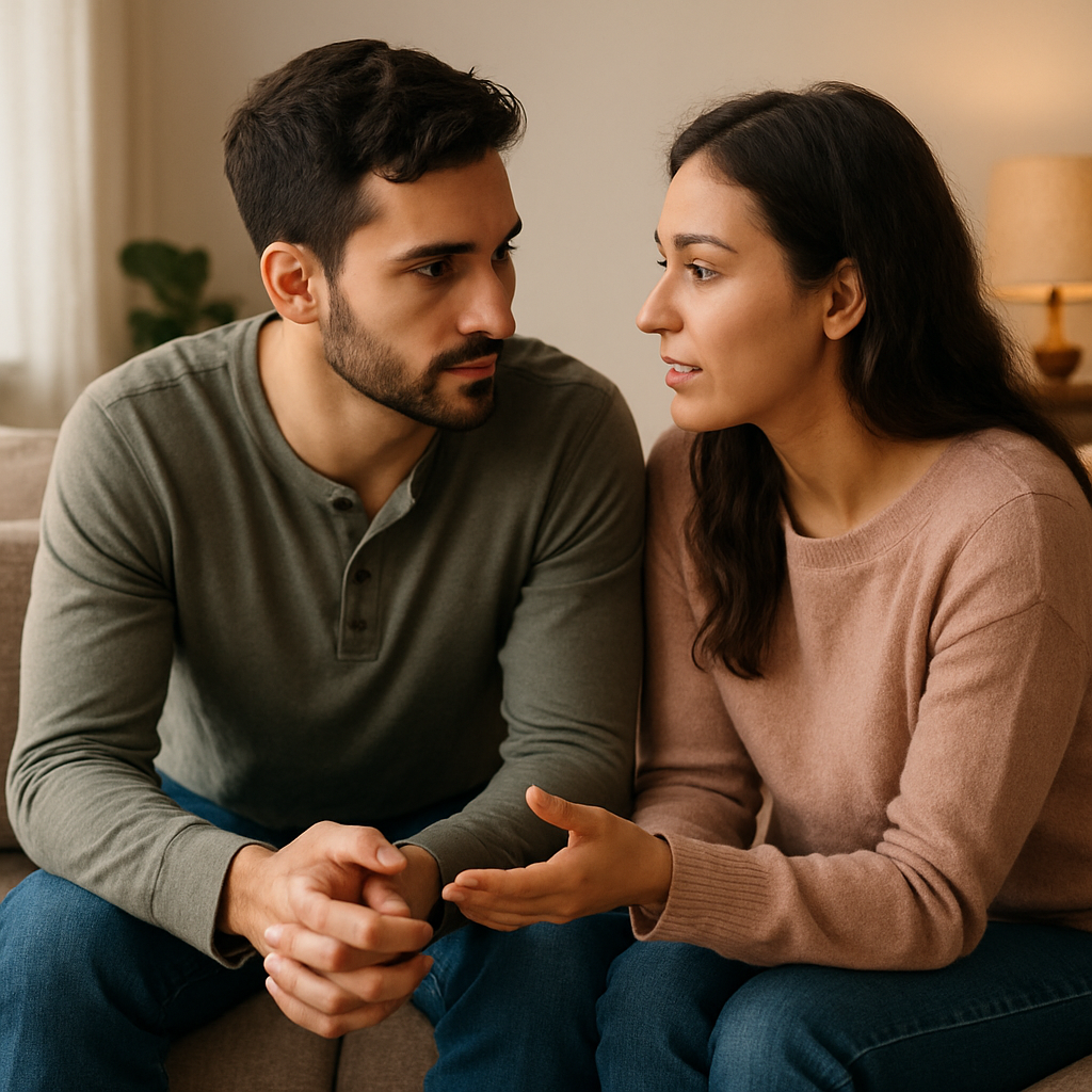 How to Validate Your Partner's Feelings A couple sitting on a cozy couch, one partner leaning in with attentive posture, eyes focused, while the other speaks softly. Alt: Active listening in a romantic relationship, showing empathy and connection.