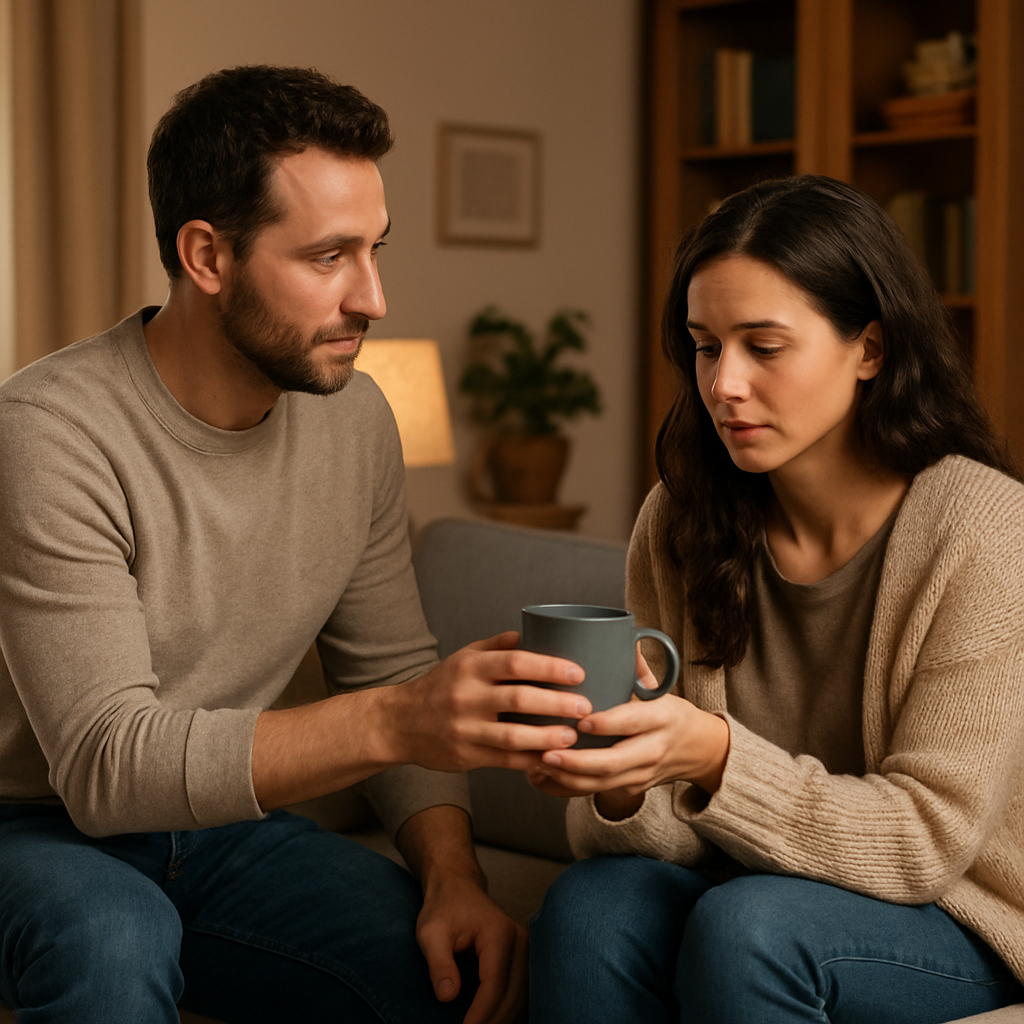 How to Validate Your Partner's Feelings A cozy living‑room scene where one partner hands the other a warm mug while listening attentively. Alt: Offering non‑judgmental support in a relationship