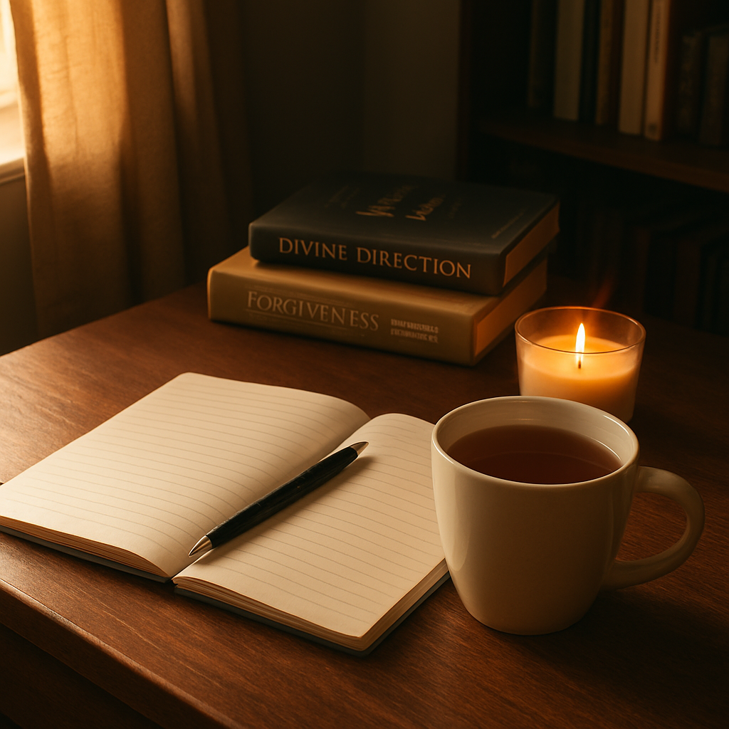 A quiet home study with a small notebook, a cup of tea, and a candle flickering softly in a sunlit corner. Alt: Daily reflection journaling in a peaceful setting.