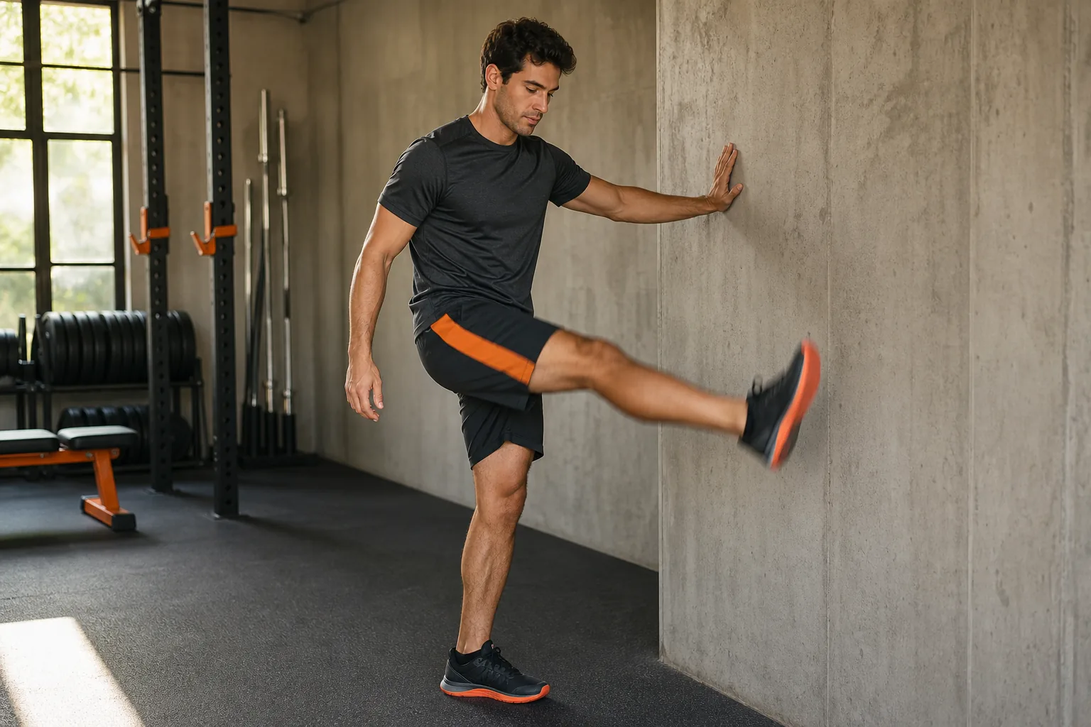 dynamic stretching with leg swings before a workout