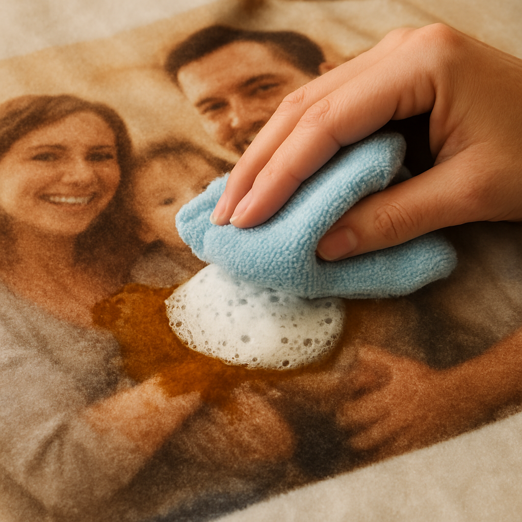 A close‑up of a hand dabbing a photo blanket with a soft cloth and mild soap, showing the stain being lifted. Alt: Spot cleaning a photo blanket to remove coffee spill.