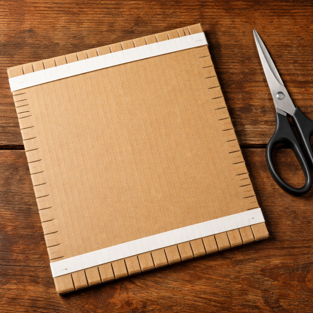 A realistic photo of a cardboard rectangle with two thin strips glued to the edges, slits cut on both sides, and a pair of scissors beside it. Alt: cardboard loom preparation with tools