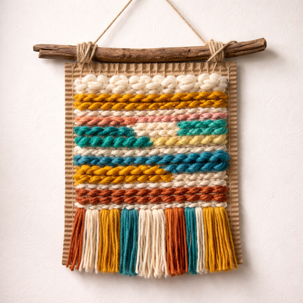 A realistic close‑up of a completed cardboard loom weaving, showing trimmed edges, a wooden branch hanger, and colorful yarn. Alt: finished cardboard loom artwork displayed on a wall