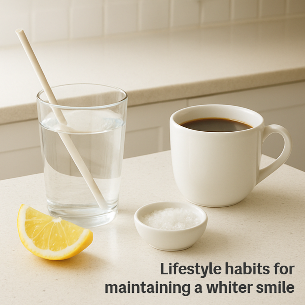 A bright kitchen countertop with a glass of water, a straw, a cup of coffee, a slice of lemon, and a small bowl of sea salt. Alt: Lifestyle habits for maintaining a whiter smile