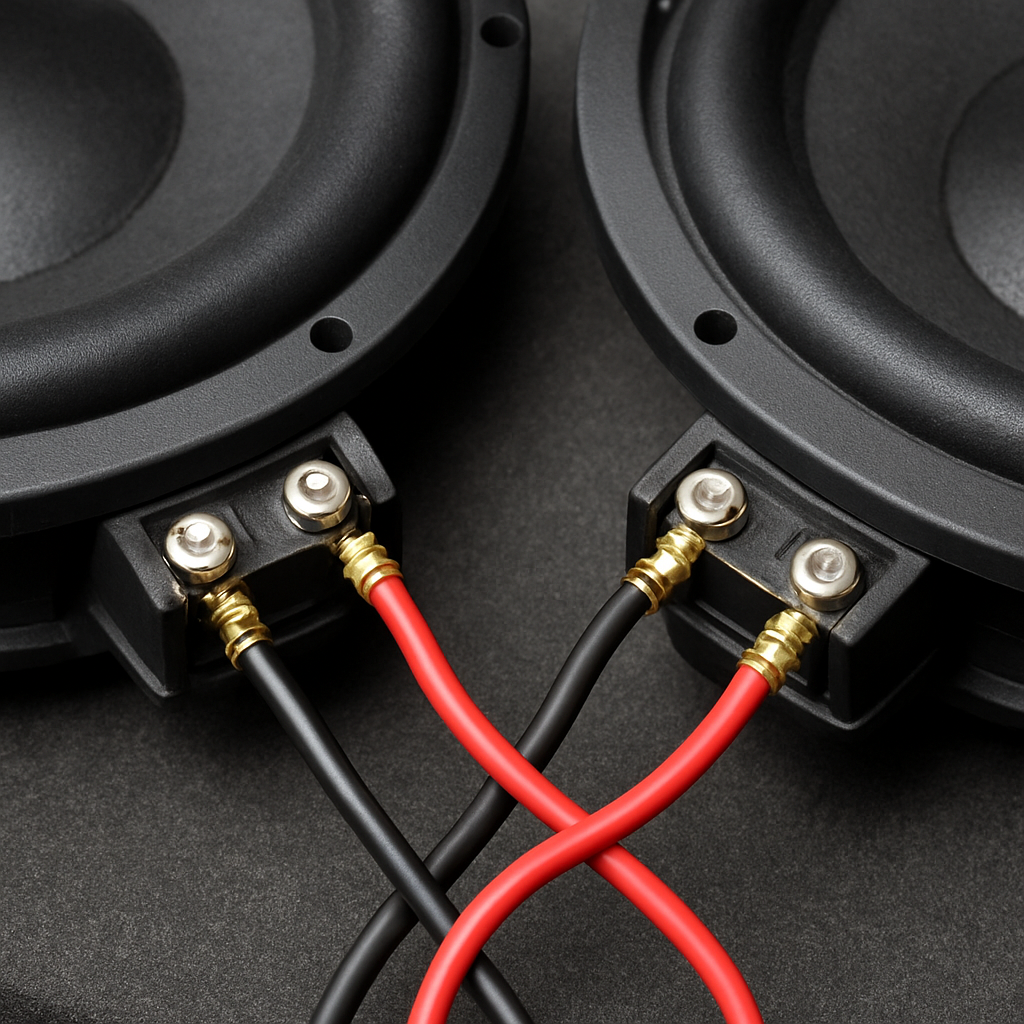 A close‑up of two dual‑voice‑coil subwoofers wired in parallel‑parallel configuration, showing the speaker wires and terminals. Alt: Wiring two DVC subs for a 1‑ohm load in a car audio system.