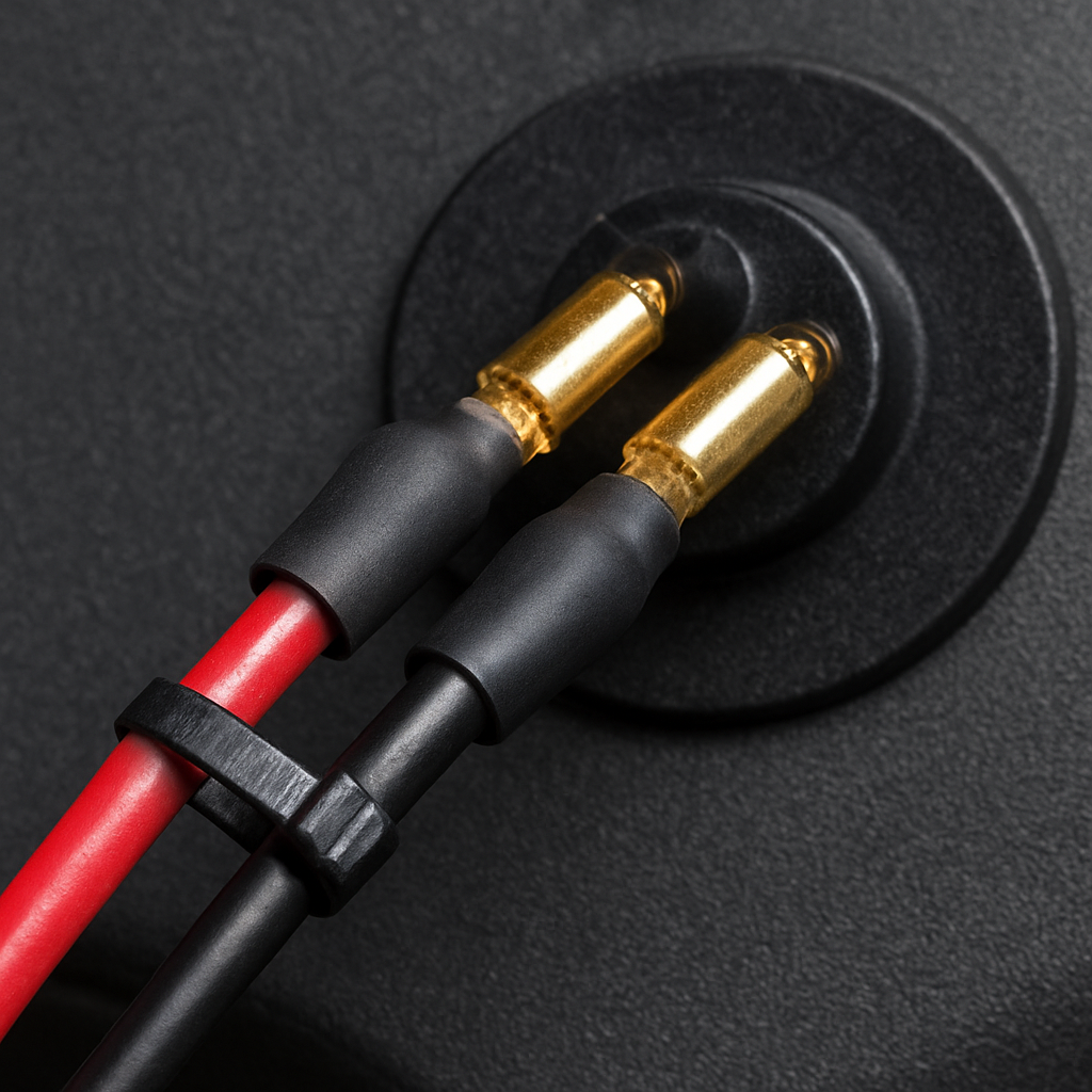 Close‑up of secure crimped connections on subwoofer wiring, showing heat‑shrink tubing and zip‑ties, Alt: how to wire 2 subs to 1 ohm secure connections