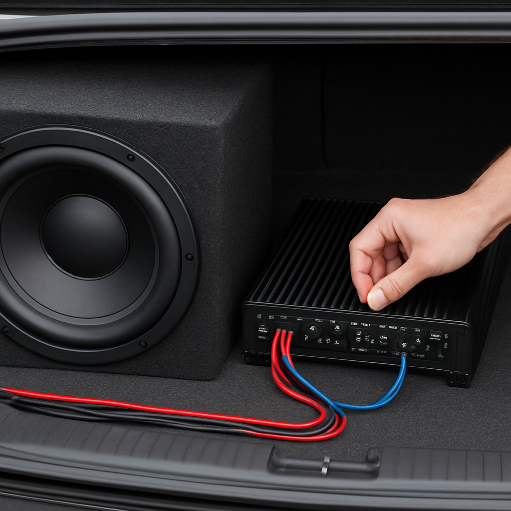A car trunk with a subwoofer, amp, and wiring, showing a hand turning the amp's gain knob and adjusting the crossover setting. Alt: Fine‑tuning subwoofer amp settings for optimal bass response.