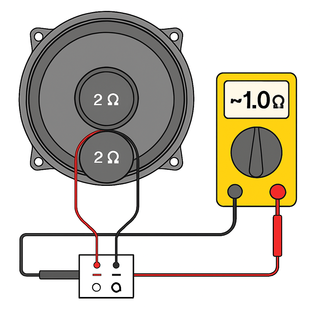 A close-up of a dual‑voice‑coil subwoofer wiring diagram showing correct parallel connections and a multimeter reading of ~1 Ω. Alt: wiring dual 2 Ω sub to 1 Ω diagram