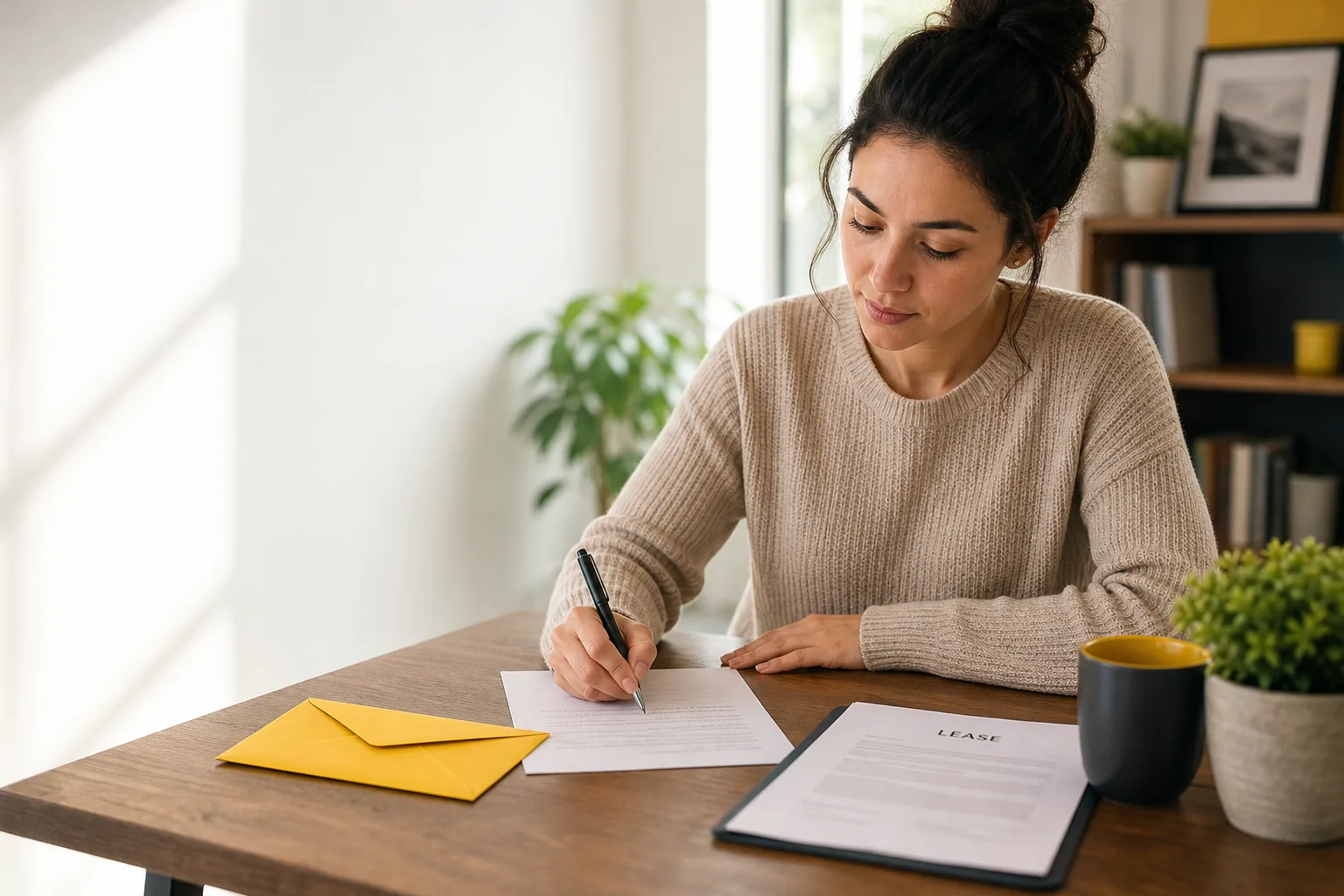 How to write a letter to your landlord, shown as a renter drafting a clear letter at home.