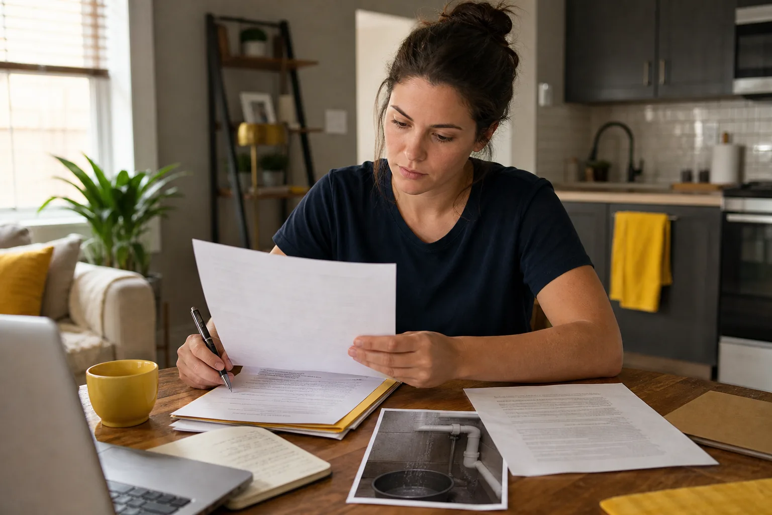 How to write a letter to your landlord for a repair request, with a renter reviewing lease notes and photos.