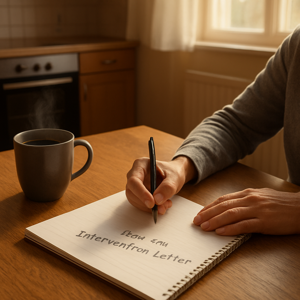 A photorealistic scene of a parent sitting at a kitchen table, drafting an intervention letter to their son, with a notebook, a steaming mug of coffee, and a gentle morning light filtering through a window, highlighting the calm, purposeful atmosphere. Alt: intervention letter to son drafting moment in realistic style.