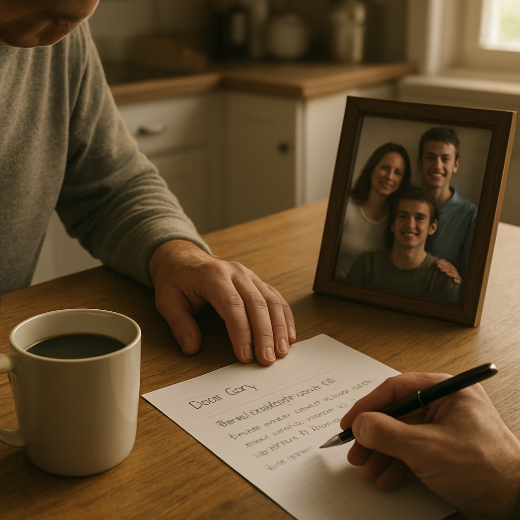 A photorealistic image of a parent at a kitchen table drafting an intervention letter to their son, a cup of coffee, a family photo, and soft morning light. Alt: intervention letter to son drafting moment in a real kitchen.