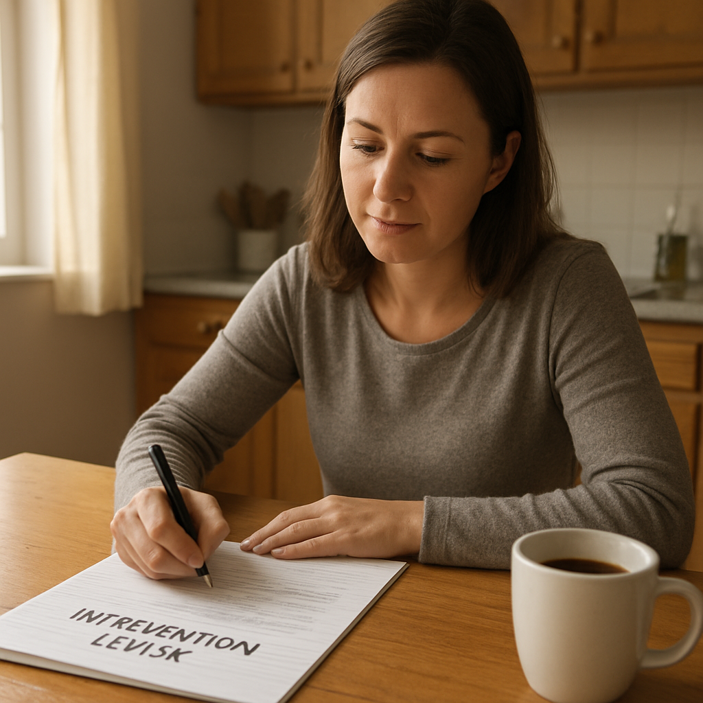 A photorealistic scene of a family member sitting at a kitchen table, drafting an intervention letter on paper, soft natural light streaming through a window, showing a notebook, a cup of coffee, and a calm, hopeful expression. Alt: How to write an intervention letter – purpose and audience planning.