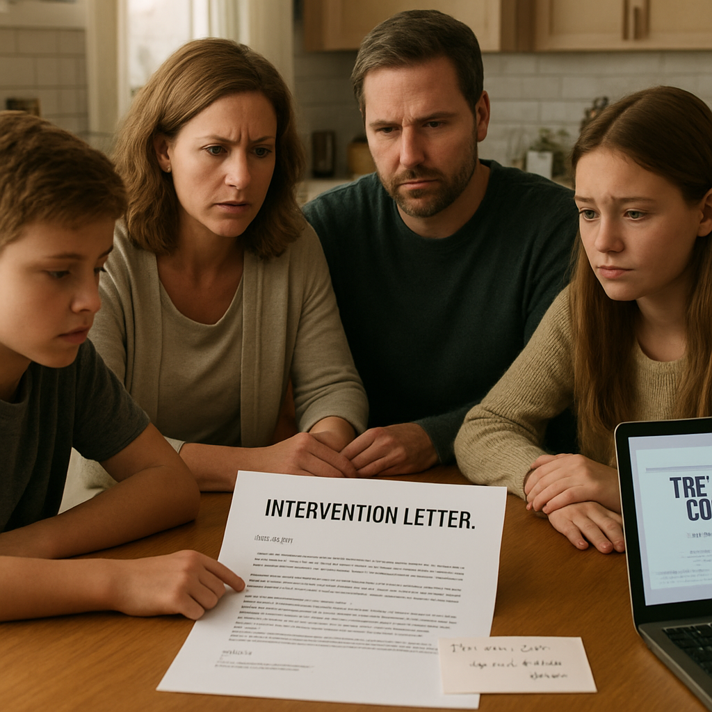 A photorealistic scene of a family gathered around a kitchen table, a neatly typed intervention letter printed on crisp paper, a handwritten note beside it, and a laptop showing a treatment center’s contact info. Alt: Step‑by‑step guide to choosing format and structure for an intervention letter.