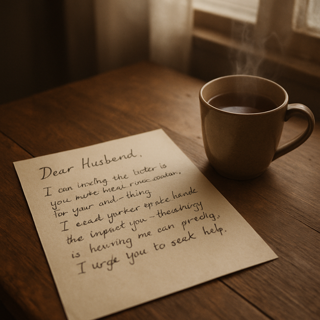 A warm, intimate scene of a handwritten letter on a wooden table beside a steaming cup of tea, soft natural light filtering through a window. Alt: intervention letter to alcoholic husband, heartfelt handwritten letter with coffee cup.