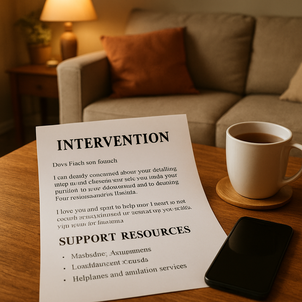 A warm living room scene with a printed intervention letter, a phone, and a cup of tea on the table. Alt: intervention letter to alcoholic husband with support resources laid out