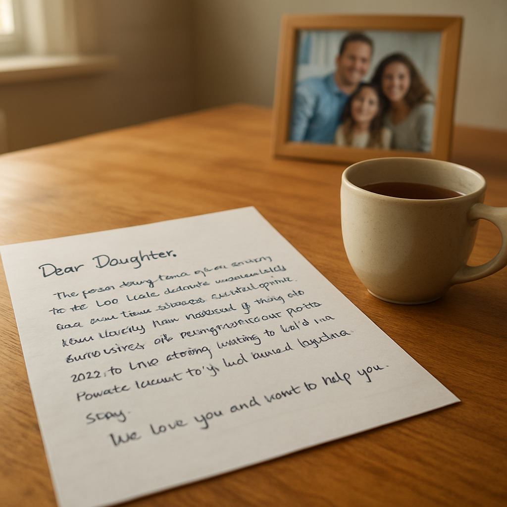 A photorealistic scene of a handwritten intervention letter to a daughter lying on a kitchen table, soft natural lighting, a comforting cup of tea beside it, and a subtle family photo in the background. Alt: intervention letter to daughter example on kitchen table.
