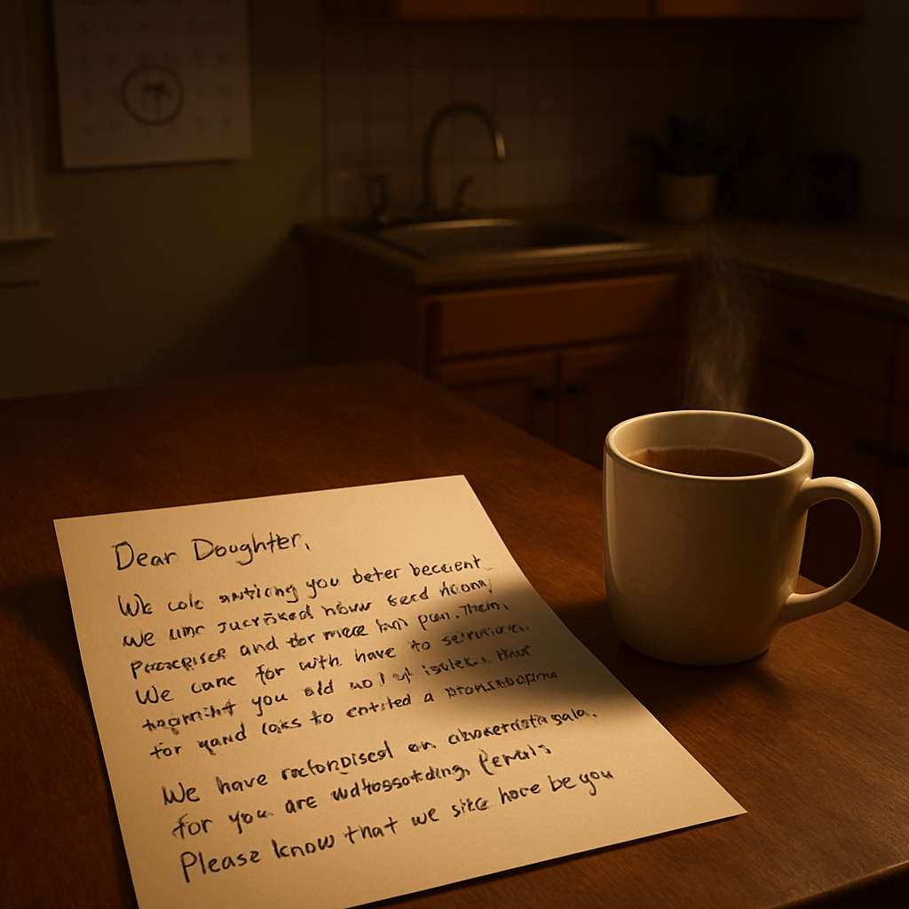 A photorealistic scene of a cozy family kitchen at dusk, a handwritten intervention letter to a daughter placed on a wooden table beside a steaming mug of tea, soft warm lighting highlighting the envelope, a calendar on the wall showing the date of a scheduled counseling appointment. Alt: intervention letter to daughter on kitchen table with gentle lighting.