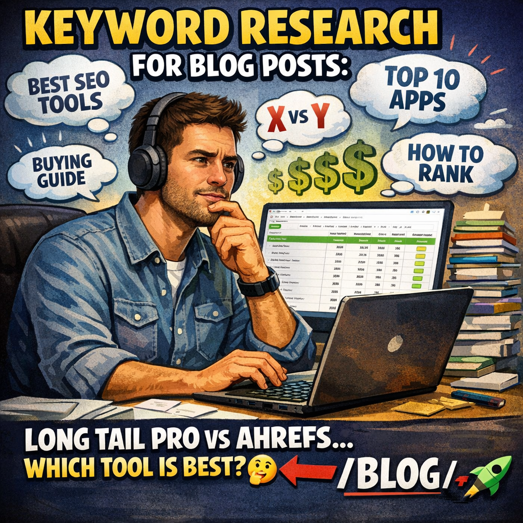 An AI-generated illustration of a marketer sitting at a desk surrounded by keyword clouds, laptop screen showing a keyword research spreadsheet. Alt: Keyword research process for SEO‑friendly blog posts