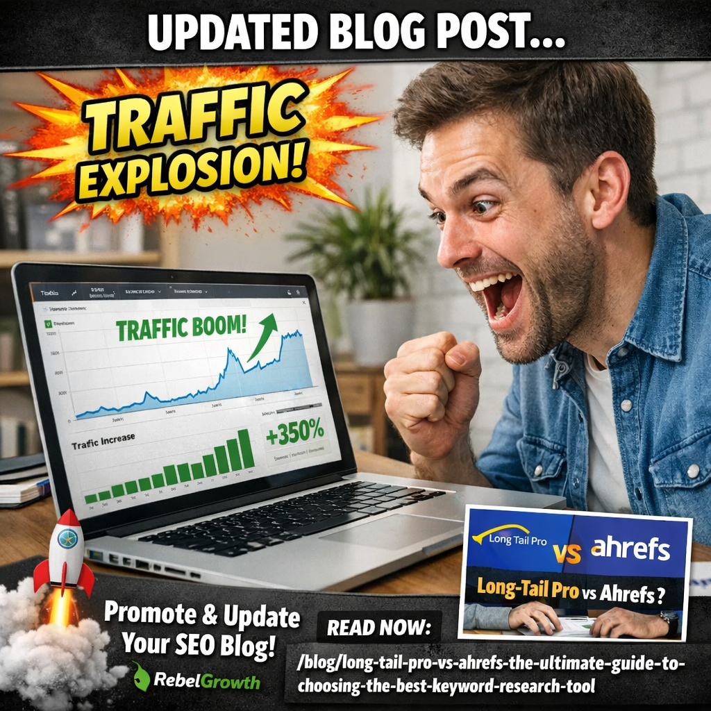 A marketer sitting at a laptop, looking at a dashboard with graphs showing traffic spikes after a blog post promotion. Alt: Promote and update SEO blog post for traffic growth