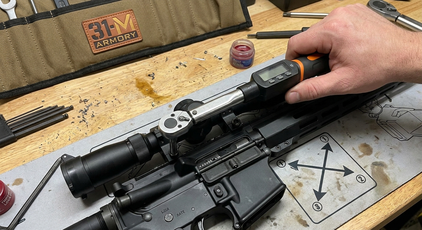 A photorealistic close-up of a scope being mounted on a rifle with a torque wrench in use, showing the cross-pattern tightening method. Alt: Torque scope rings properly with a gunsmith torque wrench.