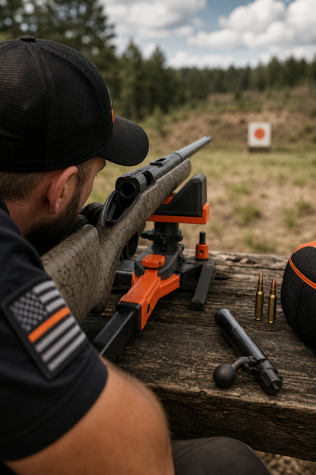A shooter boresighting a rifle at a 25-yard target, showing the rifle in a rest with the bolt removed. Alt: Boresighting a rifle scope by looking down the bore.