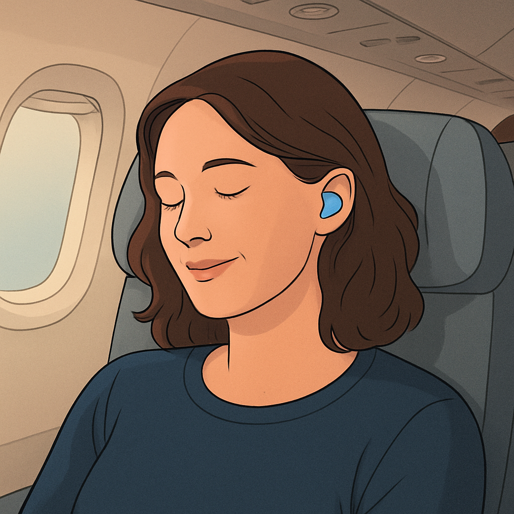 A side sleeper on an airplane, wearing silicone earplugs and a gentle smile, soft cabin lighting, showing comfort and quiet. Alt: earplugs for plane travel side sleeper.