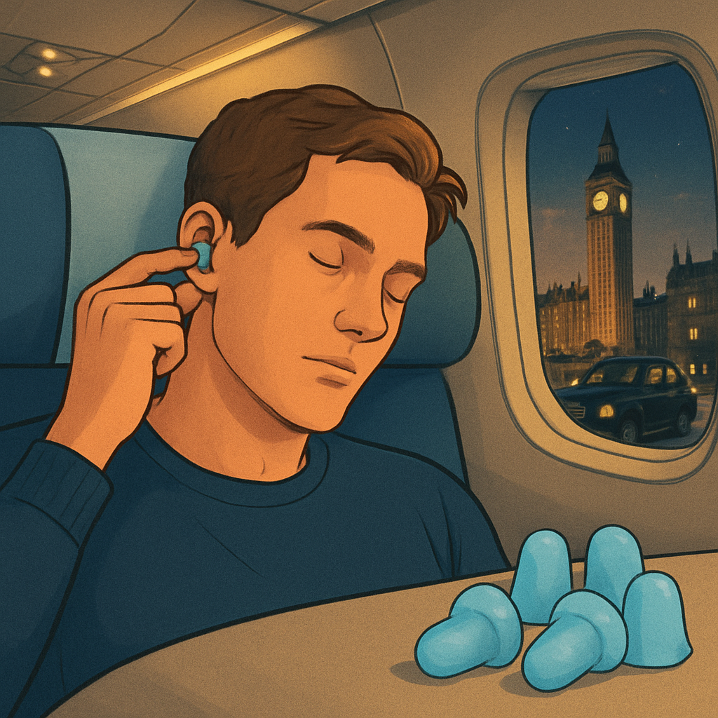 A side sleeper on an airplane, gently inserting a silicone earplug while the cabin lights dim. Alt: silicone earplugs for side sleepers on a short‑haul flight, highlighting comfort and fit.