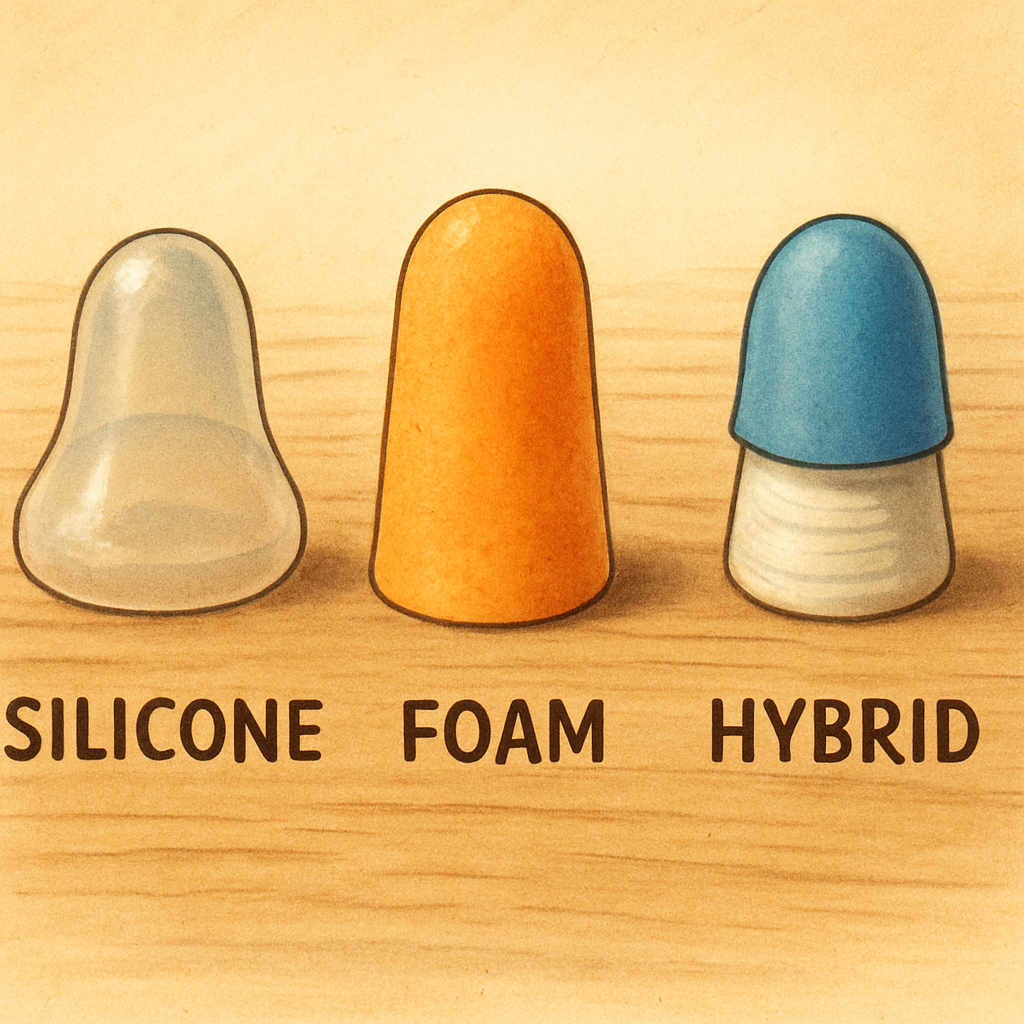 A side‑by‑side comparison of silicone, foam, and hybrid earplugs on a wooden surface, with soft lighting highlighting each texture. Alt: comparison of earplug types for different scenarios