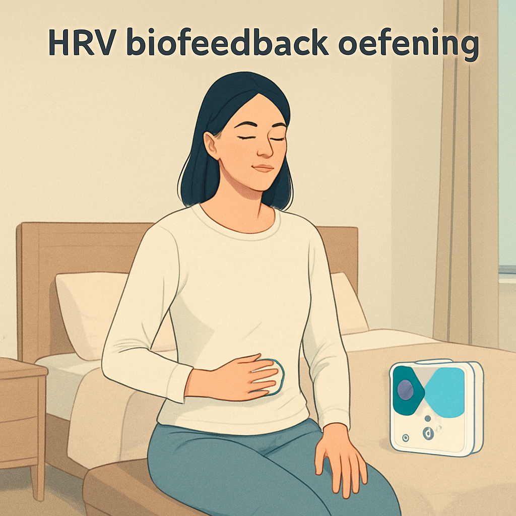 A serene bedroom with a woman sitting on the edge of the bed, eyes closed, hand on a HRV sensor, breathing calmly. Alt: Ademhalingstechniek HRV biofeedback oefening