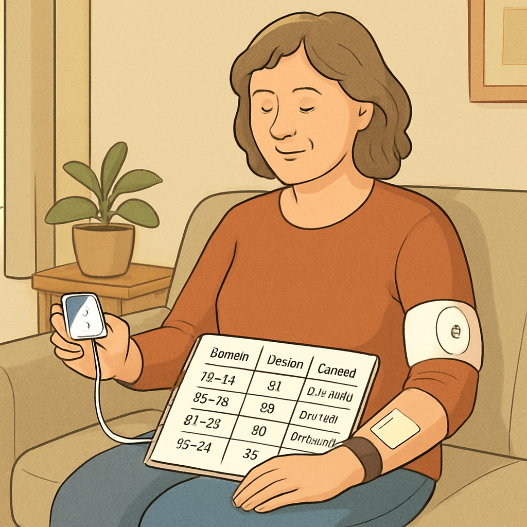 A middle‑aged woman sitting comfortably on a Dutch living room couch, holding a HRV sensor on her wrist, a Maghealy device on her forearm, and a notebook open with a simple table of dates, RMSSD values, and feelings. Alt: HRV biofeedback oefeningen stap voor stap – evaluatie en voortgang bijhouden