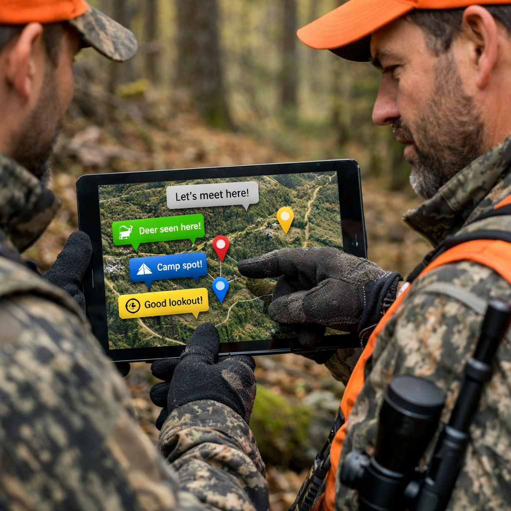 A realistic scene of hunters sharing waypoints on a tablet in a forest, showing a map with colored pins and chat bubbles, alt: hunters sharing mapping data on a mobile app