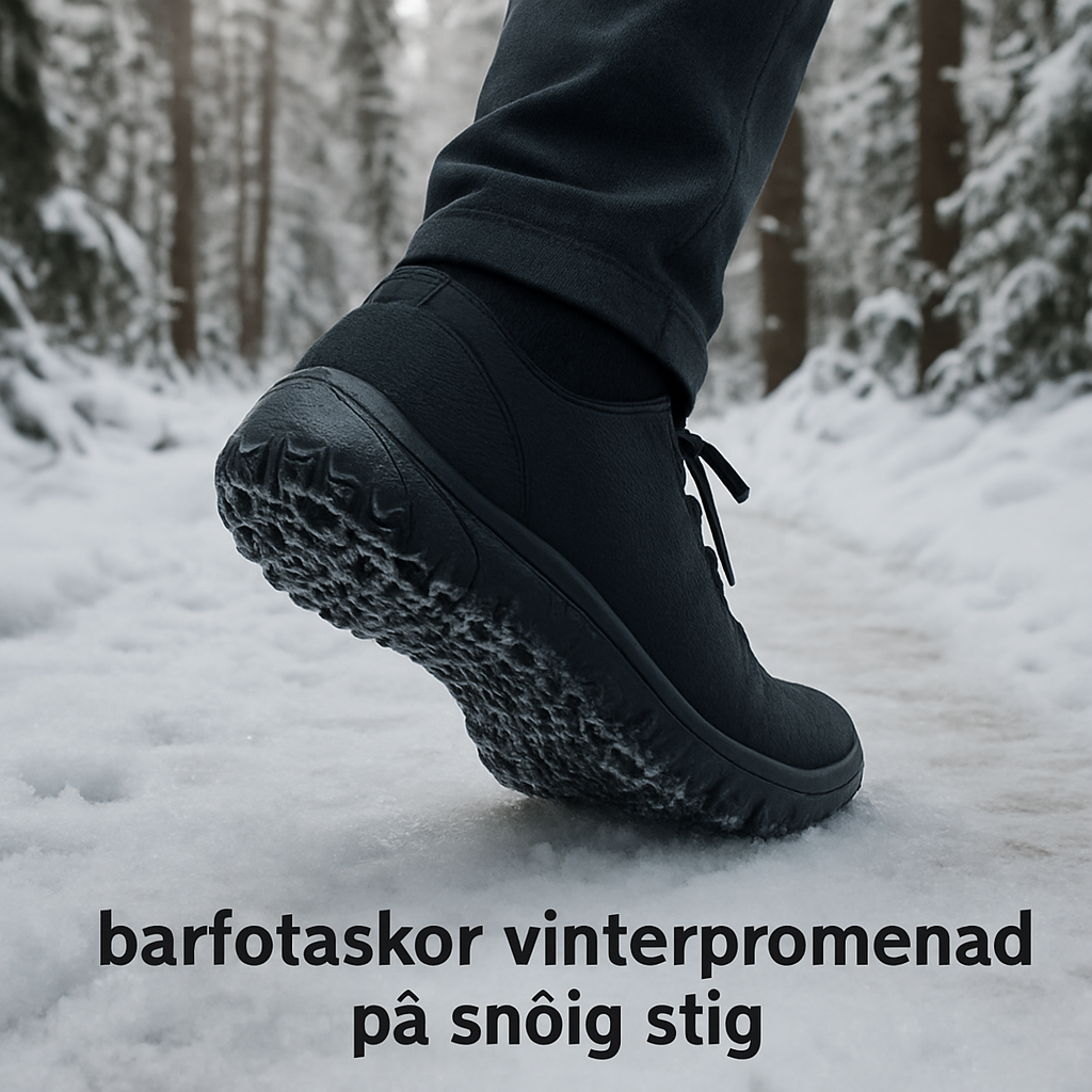 A snowy forest trail with a person wearing barefoot winter shoes, showing the sole gripping ice. Alt: barfotaskor vinterpromenad på snöig stig.