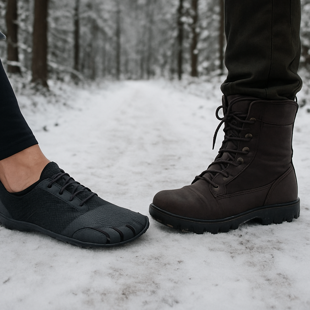 A pair of minimalist barefoot shoes on a snowy forest trail, showing the thin sole and flexible design. Alt: jämförelse barfotaskor vinter vs traditionella vinterstövlar