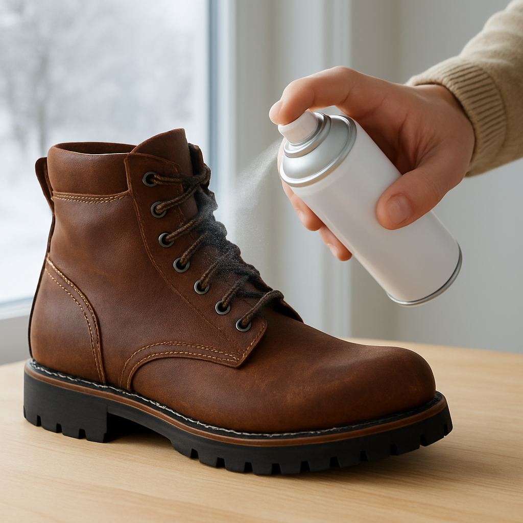 En närbild av en hand som sprutar impregneringsspray på en läderkänga i ett ljust vinterrum, med snö utanför fönstret. Alt: Underhåll av vinterkängor – steg för steg guide.