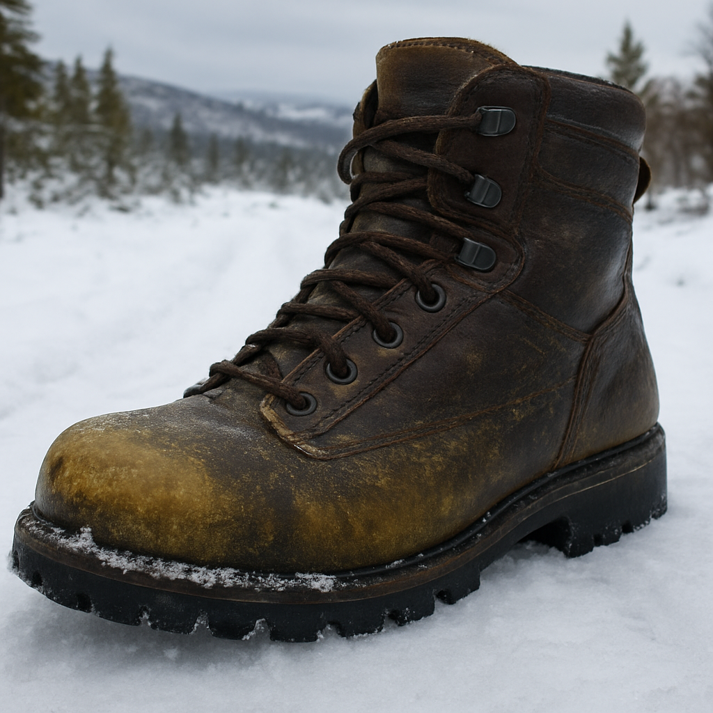 En närbild av en tjock vinterkänga med dubbelt lager av bivax och en skvätt lanolin, stående på ett snötäckt fjällspår i Sverige. Alt: extra skydd för extrem kyla på läderkängor.